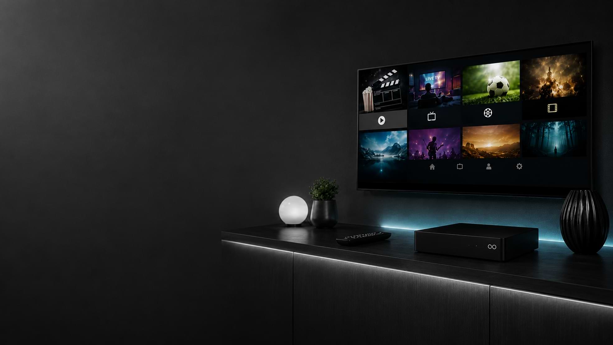 Infinity by Maxx set-top box beneath a wall-mounted TV showing the content grid